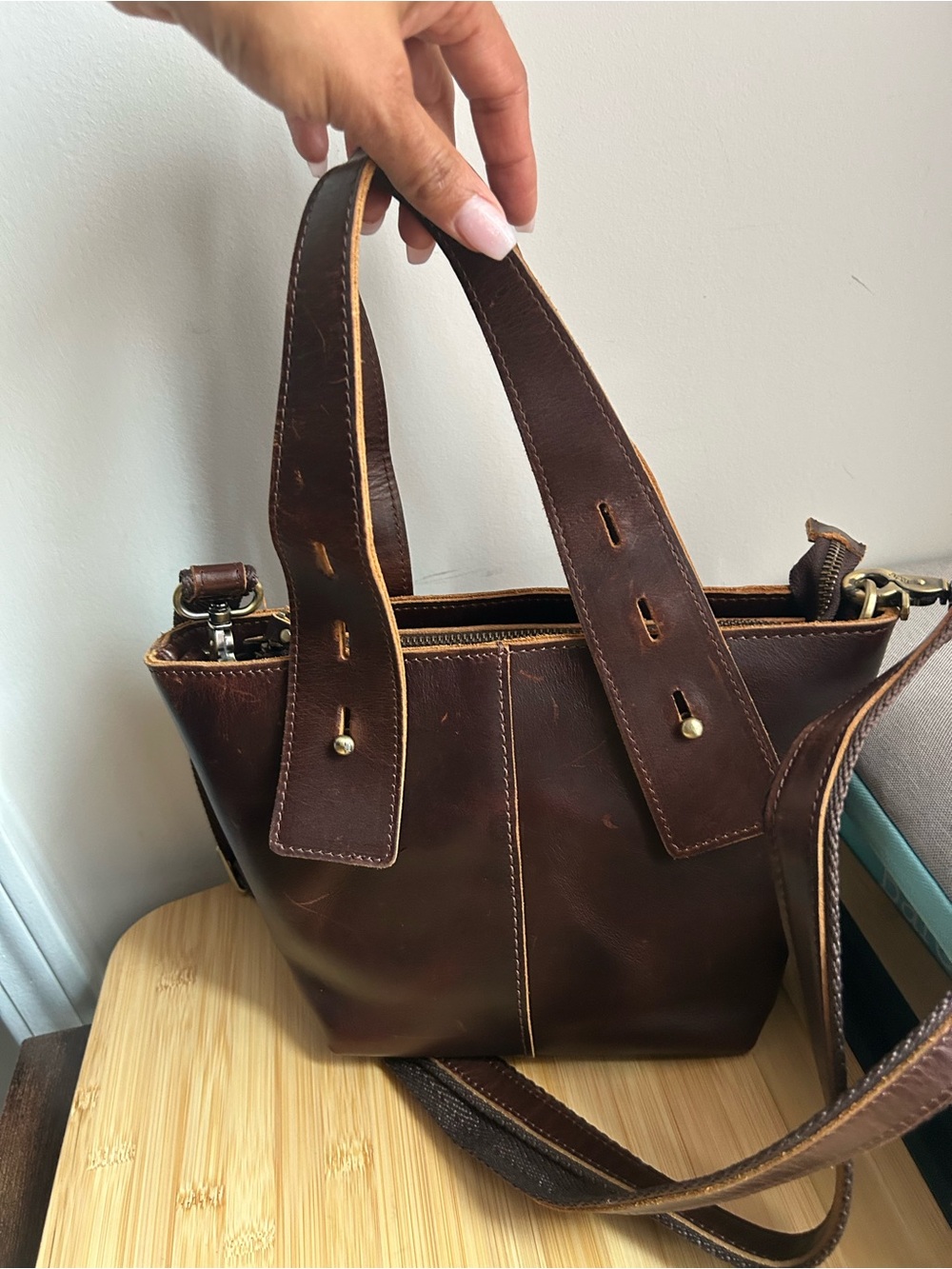 S-Zone Brown Canvas and Genuine Leather Handbag